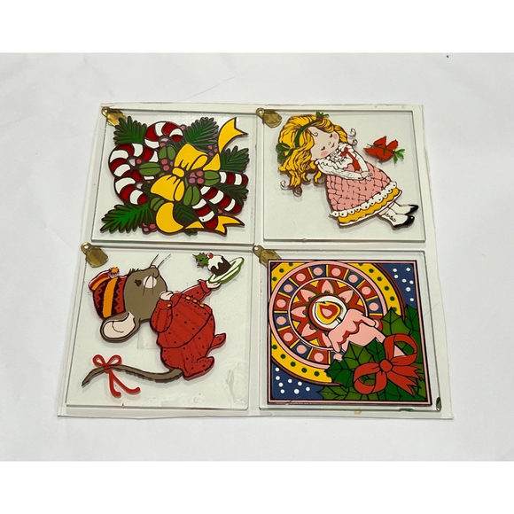 Vintage 1980 Current Glass Christmas Ornaments 2.5" Square with Metal Hanger - Picture 7 of 8